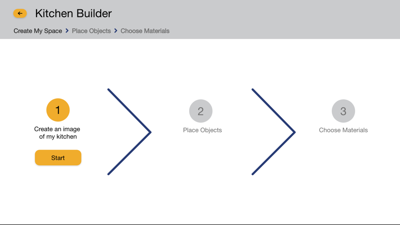 Kitchen Builder home page that shows the sequence of steps