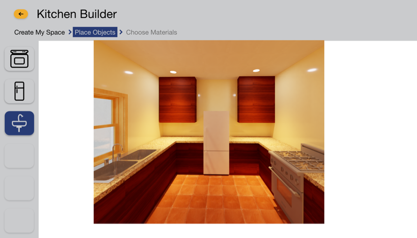 Kitchen builder interface to insert furnture and appliances